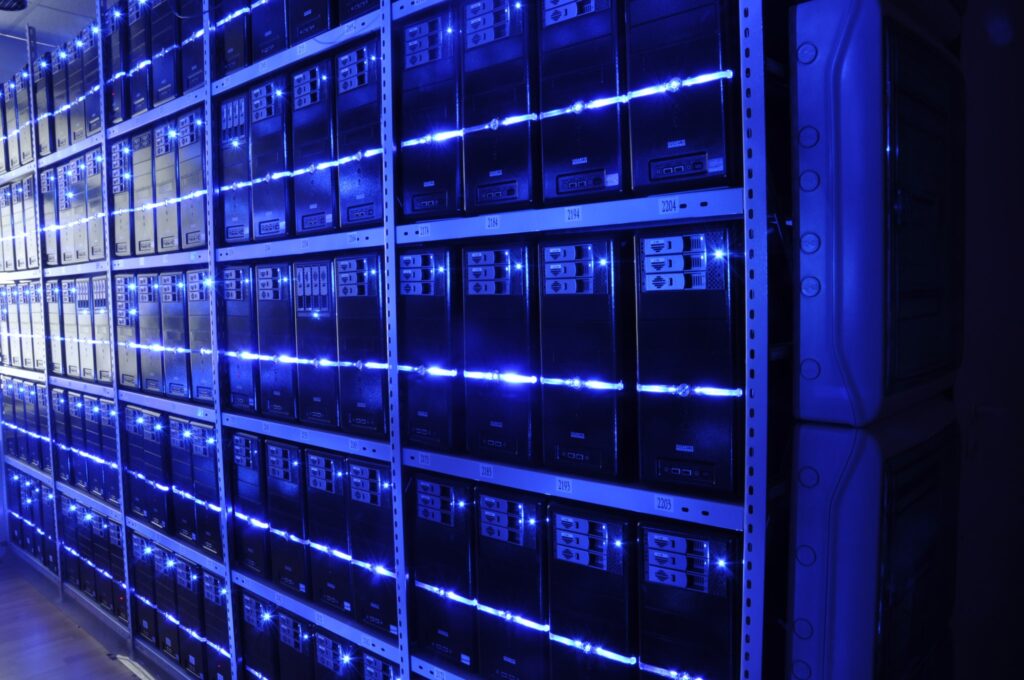 Rows of server racks in a data center