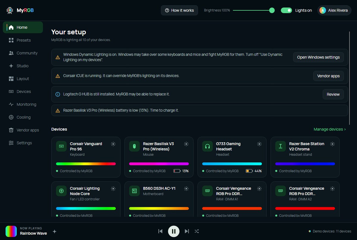 The MyRGB home screen showing connected devices and their current state
