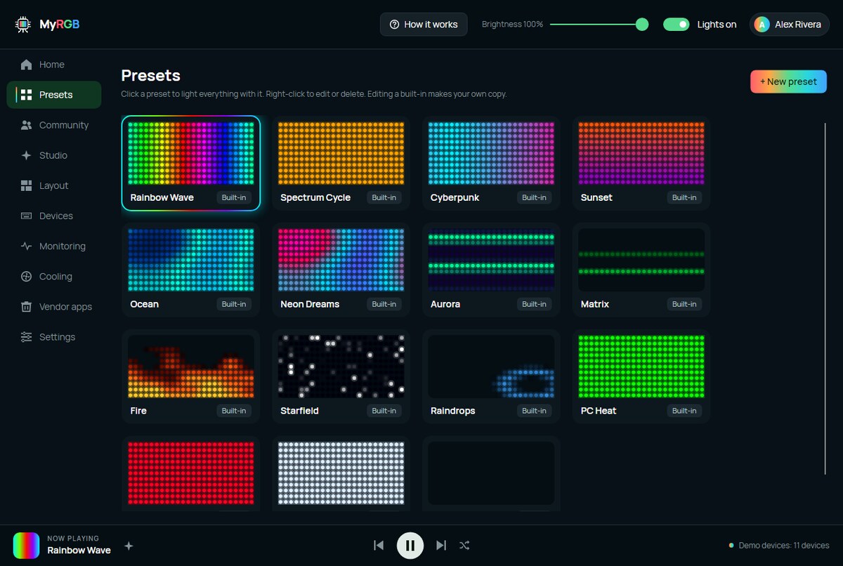 The MyRGB presets screen showing built-in lighting effects